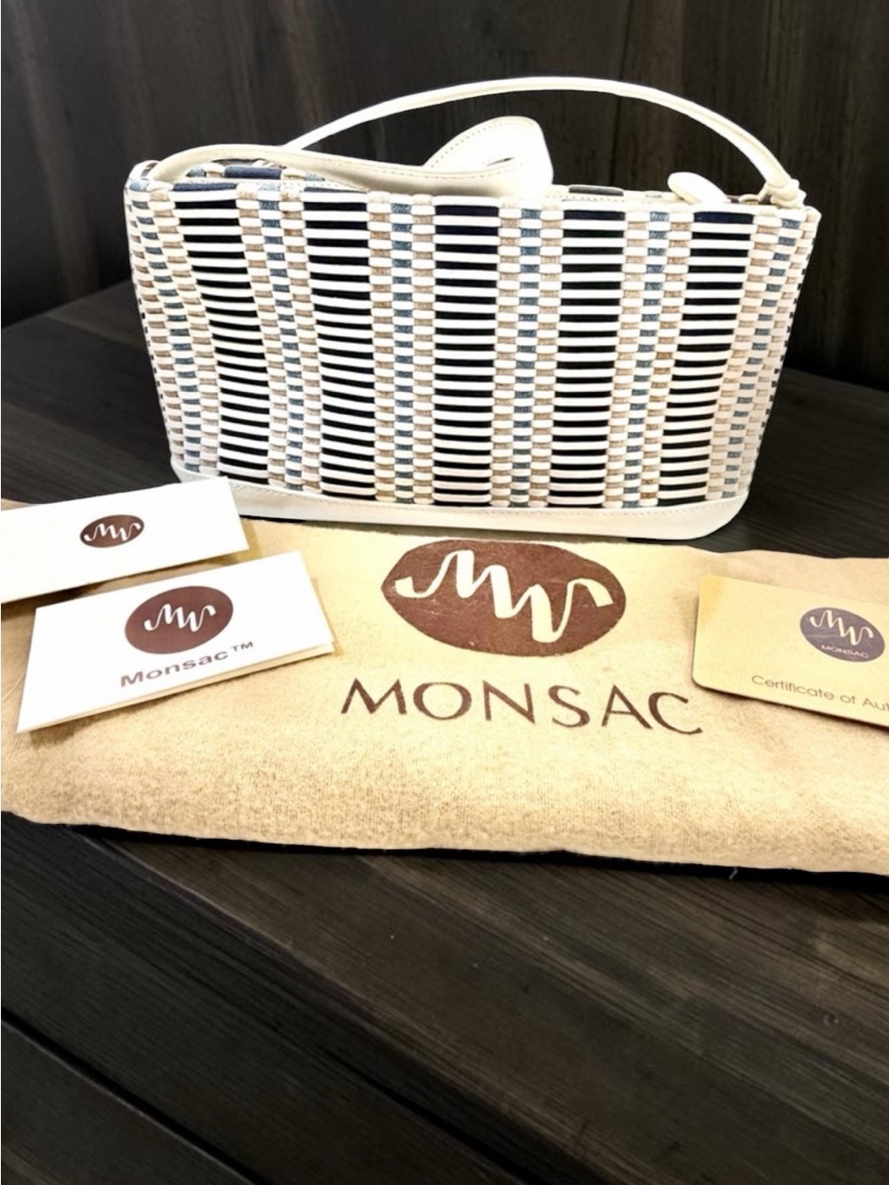 Monsac Original White  Multi-Tone Woven Leather Shoulder Bag with Dust Bag